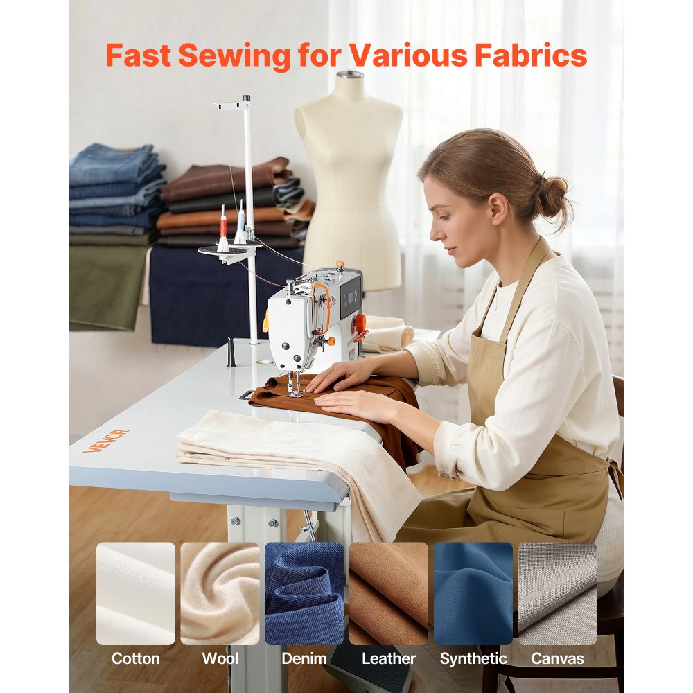 VEVOR Industrial Sewing Machine, 550W Lockstitch Sewing Machine Set with Servo Motor and Table Stand, Auto Thread Trimmer, 5000 SPM High Speed, Metal Frame, LCD Panel, LED Light, for Cotton, Denim