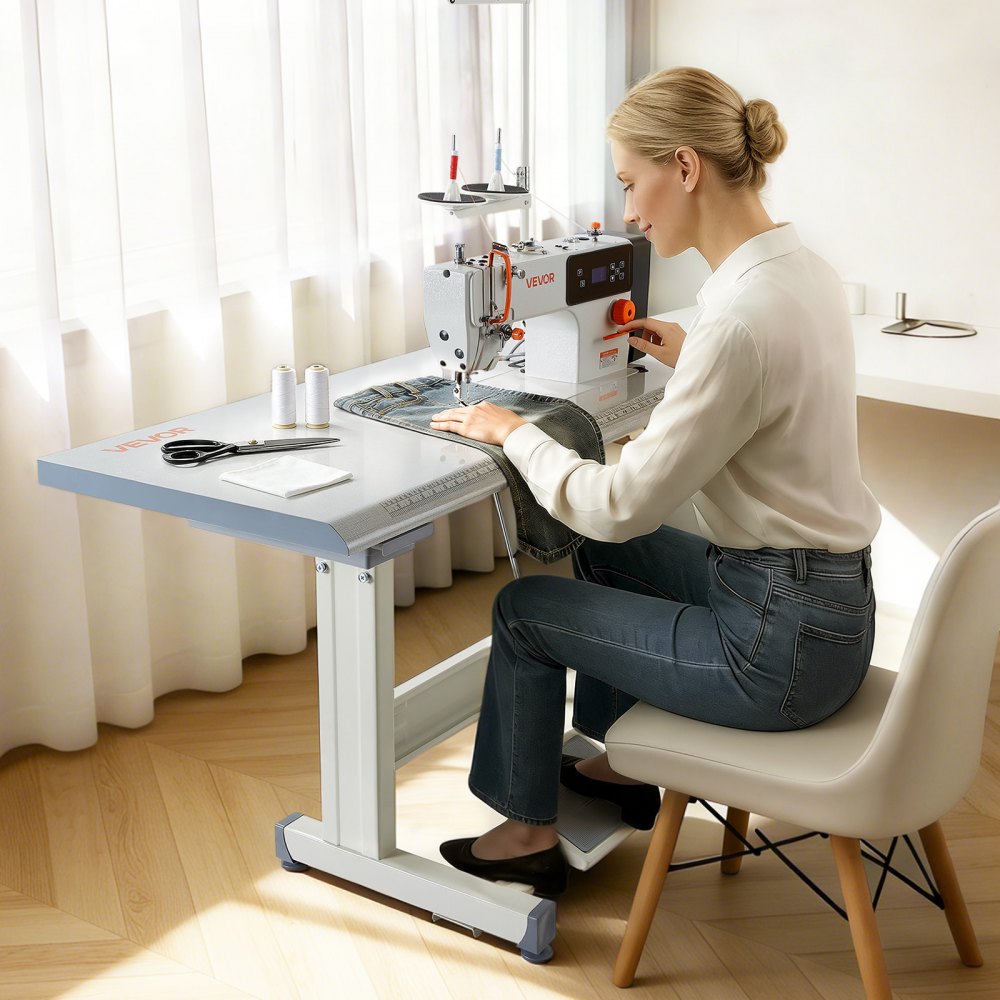 VEVOR Industrial Sewing Machine, 550W Lockstitch Sewing Machine Set with Servo Motor and Table Stand, Auto Thread Trimmer, 5000 SPM High Speed, Metal Frame, LCD Panel, LED Light, for Cotton, Denim