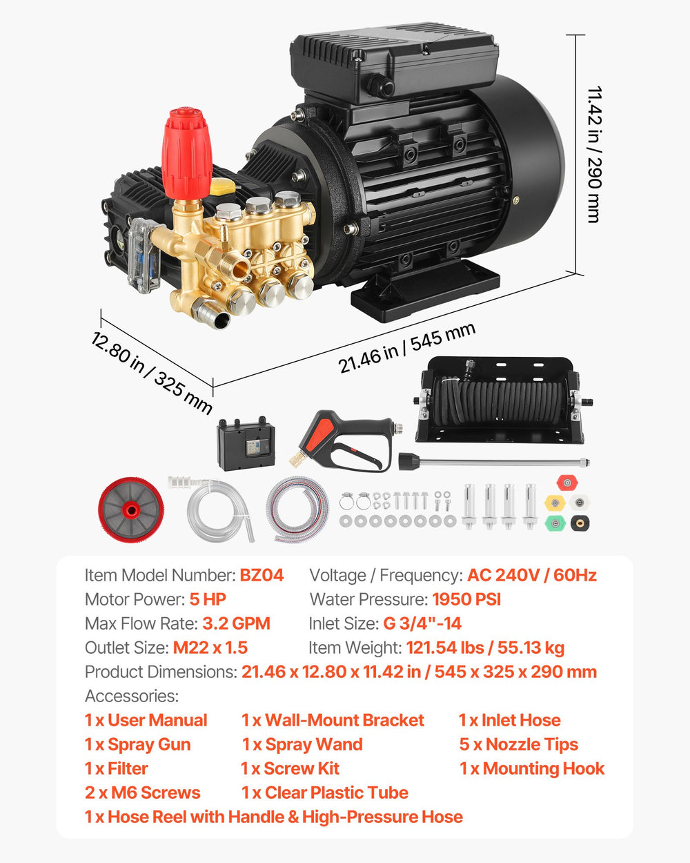 VEVOR Electric Pressure Washer Pump Kit 1950 PSI 3.2 GPM Triplex Pump with 5 HP Motor 240V - Image 7