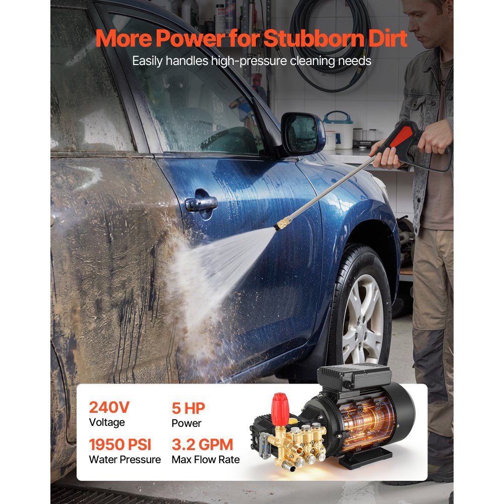 VEVOR Electric Pressure Washer Pump Kit, 1950 PSI, 3.2 GPM, Triplex Power Washer Pump with 5 HP Motor 240 V, Adjustable Water Pressure, for Washing Cars, Gardens, Exterior Walls, Deck, Machinery Equipment