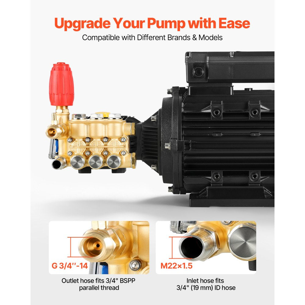 VEVOR Electric Pressure Washer Pump Kit, 1950 PSI, 3.2 GPM, Triplex Power Washer Pump with 5 HP Motor 240 V, Adjustable Water Pressure, for Washing Cars, Gardens, Exterior Walls, Deck, Machinery Equipment