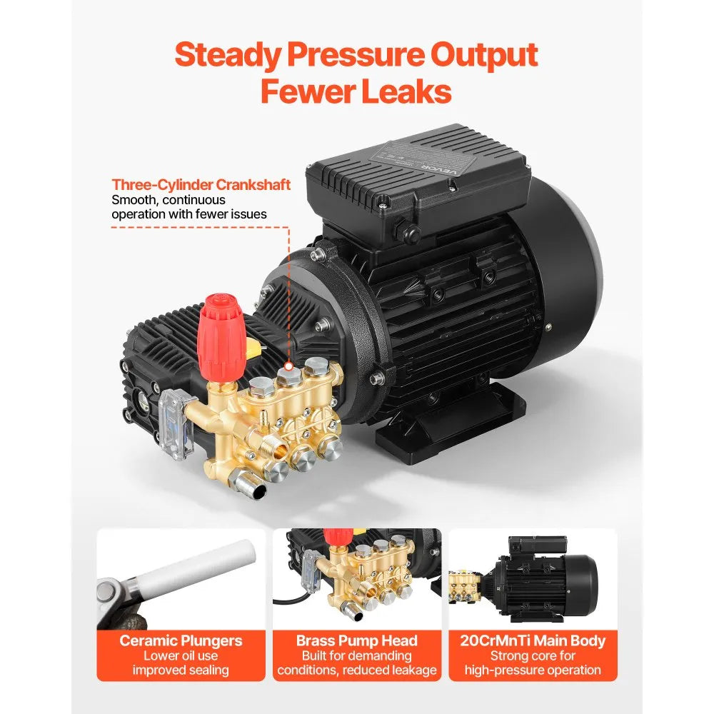 VEVOR Electric Pressure Washer Pump Kit, 1950 PSI, 3.2 GPM, Triplex Power Washer Pump with 5 HP Motor 240 V, Adjustable Water Pressure, for Washing Cars, Gardens, Exterior Walls, Deck, Machinery Equipment