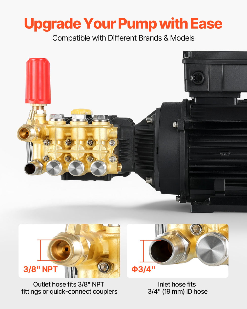 VEVOR Electric Pressure Washer Pump Kit connection sizes 3/8 in NPT outlet and 3/4 in inlet