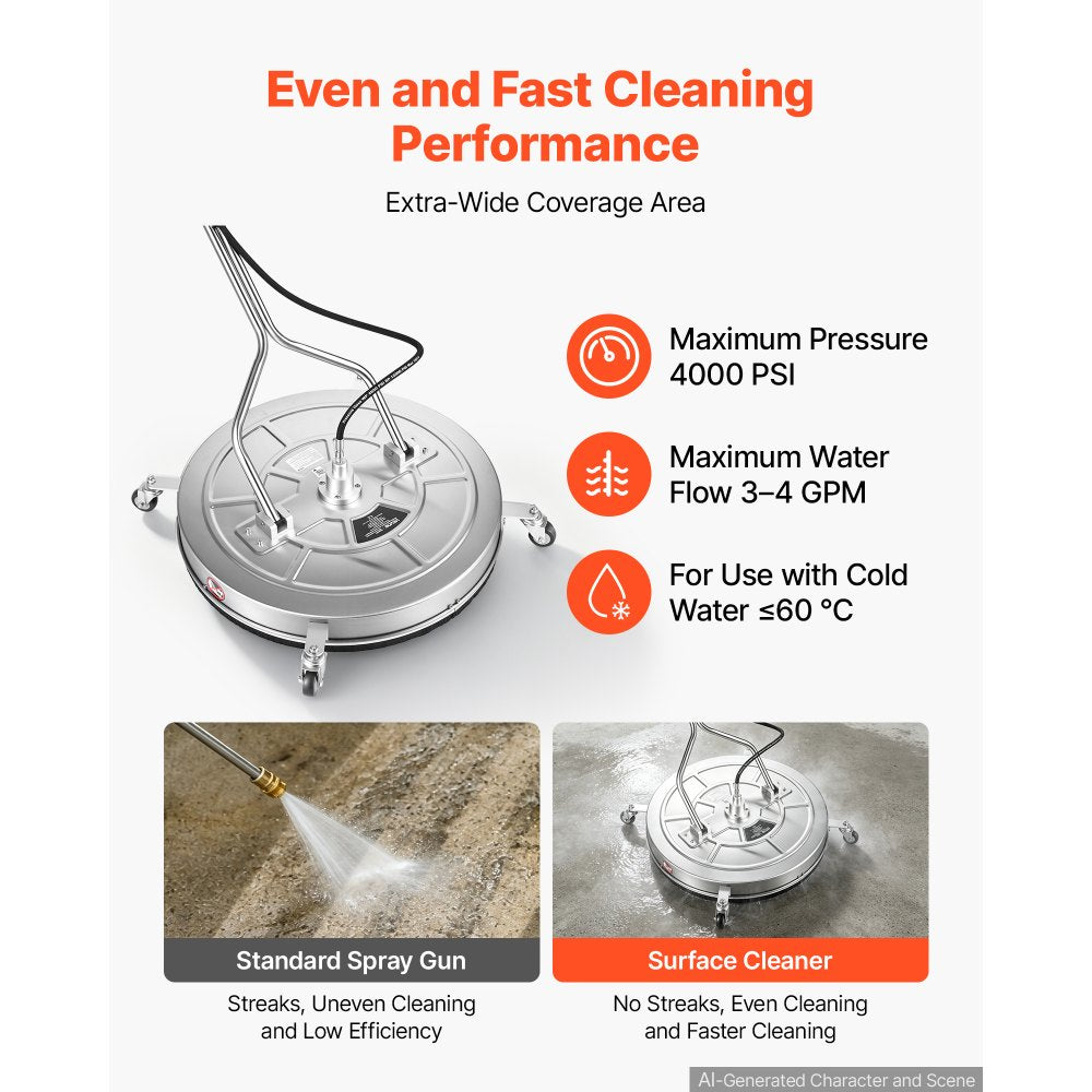 VEVOR 30 in Pressure Washer Surface Cleaner, Raised Handle, Stainless Steel, Power Washer Attachment with Wheels for Concrete, Patio, Sidewalk, Deck, Driveway, Floor, 4000 Max PSI, 3/8 Quick Connector
