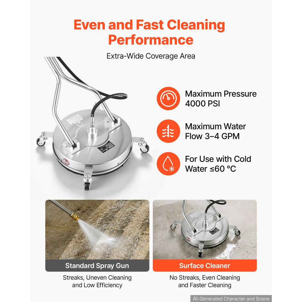 VEVOR 16.5" Pressure Washer Surface Cleaner, Raised Handle, Stainless Steel, Power Washer Attachment with Wheels for Concrete, Patio, Sidewalk, Deck, Driveway, Floor, 4000 Max PSI, 3/8 Quick Connector