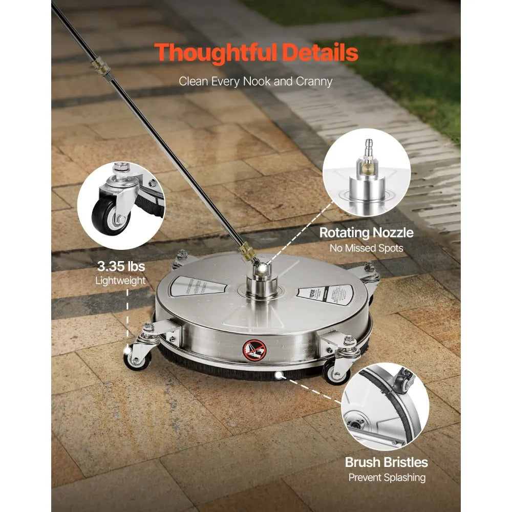 VEVOR 16.5" Pressure Washer Surface Cleaner, Stainless Steel Pressure Washer Attachments with 4 Wheels, 4000 Max PSI, 1/4 Quick Connector, 2 Spray Nozzles, 2 Extended Wands for Concrete, Patio, Deck