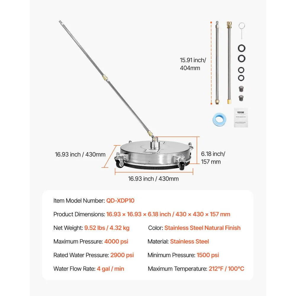 VEVOR 16.5" Pressure Washer Surface Cleaner, Stainless Steel Pressure Washer Attachments with 4 Wheels, 4000 Max PSI, 1/4 Quick Connector, 2 Spray Nozzles, 2 Extended Wands for Concrete, Patio, Deck