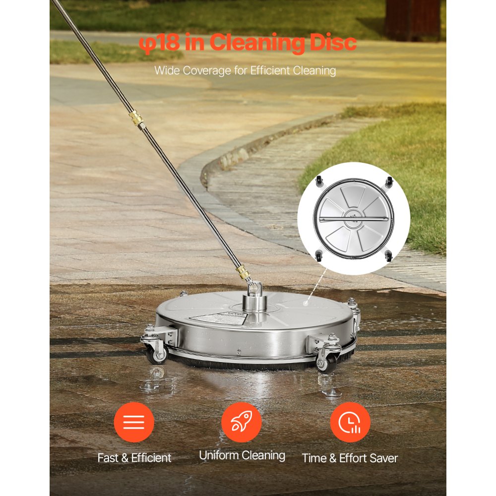 VEVOR 18" Pressure Washer Surface Cleaner, Stainless Steel Pressure Washer Attachments with 4 Wheels, 4000 Max PSI, 1/4 Quick Connector, 2 Spray Nozzles, 2 Extended Wands for Concrete, Patio, Deck