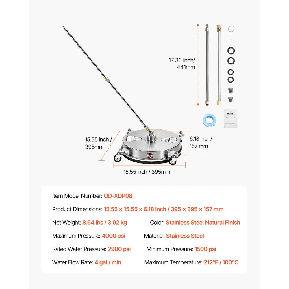 VEVOR 15" Pressure Washer Surface Cleaner, Stainless Steel Pressure Washer Attachments with 4 Wheels, 4000 Max PSI, 1/4 Quick Connector, 2 Spray Nozzles, 2 Extended Wands for Concrete, Patio, Deck
