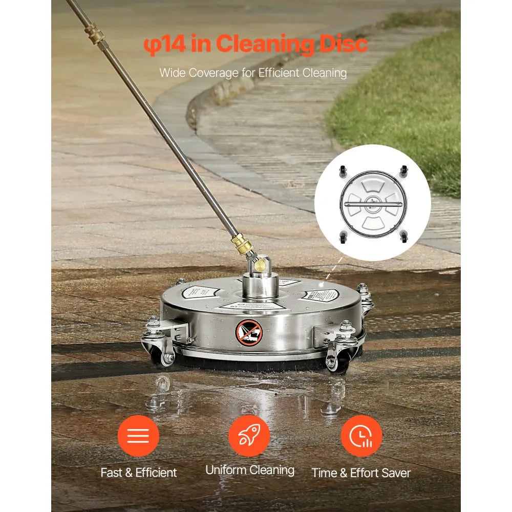 VEVOR 14" Pressure Washer Surface Cleaner, Stainless Steel Pressure Washer Attachments with 4 Wheels, 4000 Max PSI, 1/4 Quick Connector, 2 Spray Nozzles, 2 Extended Wands for Concrete, Patio, Deck