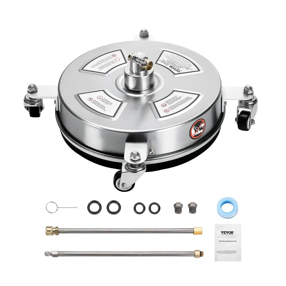 VEVOR 14" Pressure Washer Surface Cleaner, Stainless Steel Pressure Washer Attachments with 4 Wheels, 4000 Max PSI, 1/4 Quick Connector, 2 Spray Nozzles, 2 Extended Wands for Concrete, Patio, Deck
