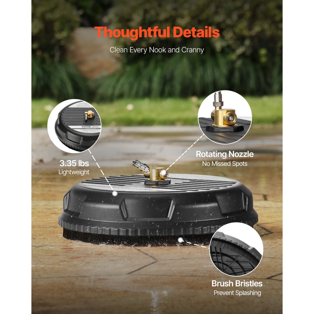 VEVOR 15" Pressure Washer Surface Cleaner, Plastic Pressure Washer Attachment, 4000 Max PSI, 1/4" Quick Connector, 2 Spray Nozzles, Ideal for Driveways, Sidewalks, Patios, Decks, Black