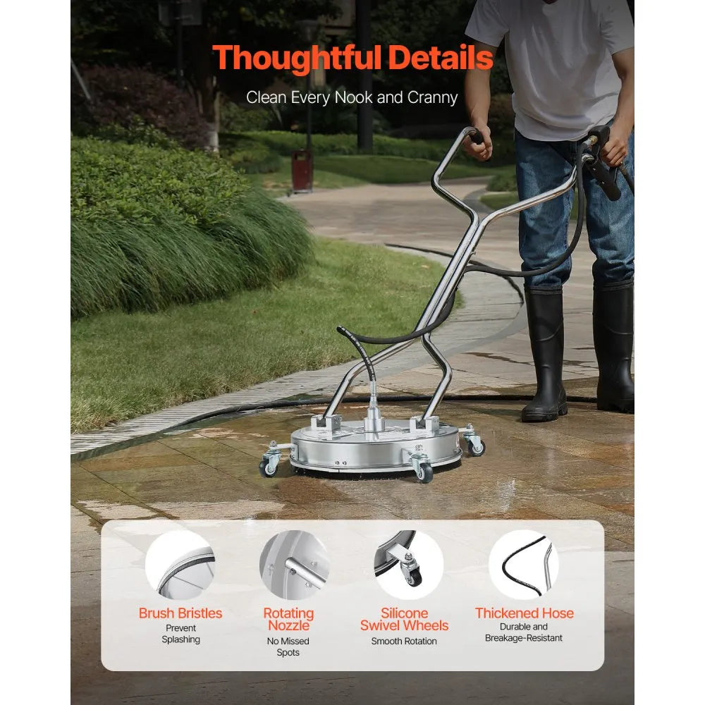 VEVOR 18" Pressure Washer Surface Cleaner, Stainless Steel Pressure Washer Attachments with 4 Wheels, 4000 Max PSI, 3/8 Quick Connector, 2 Spray Nozzles, Dual Handle, for Concrete, Patio, Sidewalk