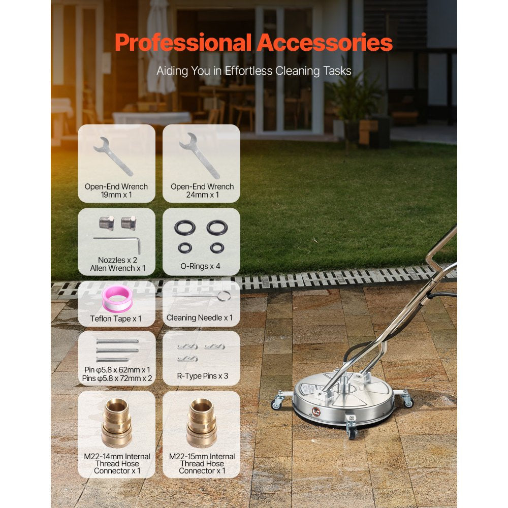 VEVOR 18" Pressure Washer Surface Cleaner, Stainless Steel Pressure Washer Attachments with 4 Wheels, 4000 Max PSI, 3/8 Quick Connector, 2 Spray Nozzles, Dual Handle, for Concrete, Patio, Sidewalk