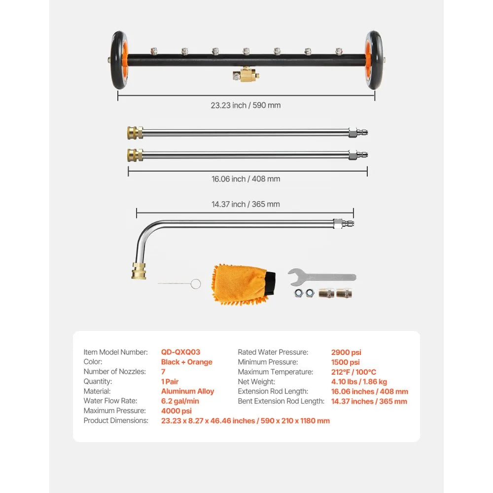 VEVOR 24" Pressure Washer Undercarriage Cleaner, Stainless Steel Surface Cleaner for Pressure Washer, 4000 Max PSI, Angle Adjustment Gear, 7 Spray Nozzles, 2 Extended Wands for Driveway, Patio, Deck