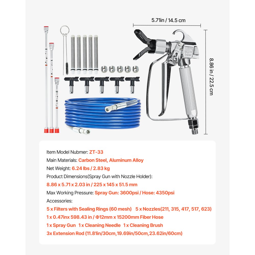 VEVOR Airless Paint Spray Gun and Hose Kit, 3600PSI High Pressure Paint Sprayer Hose Set with 5 Tips, 211, 315, 417, 517, 623, Swivel Joint Airless Spray Gun Kit with Filters, Hose and Extension Rods