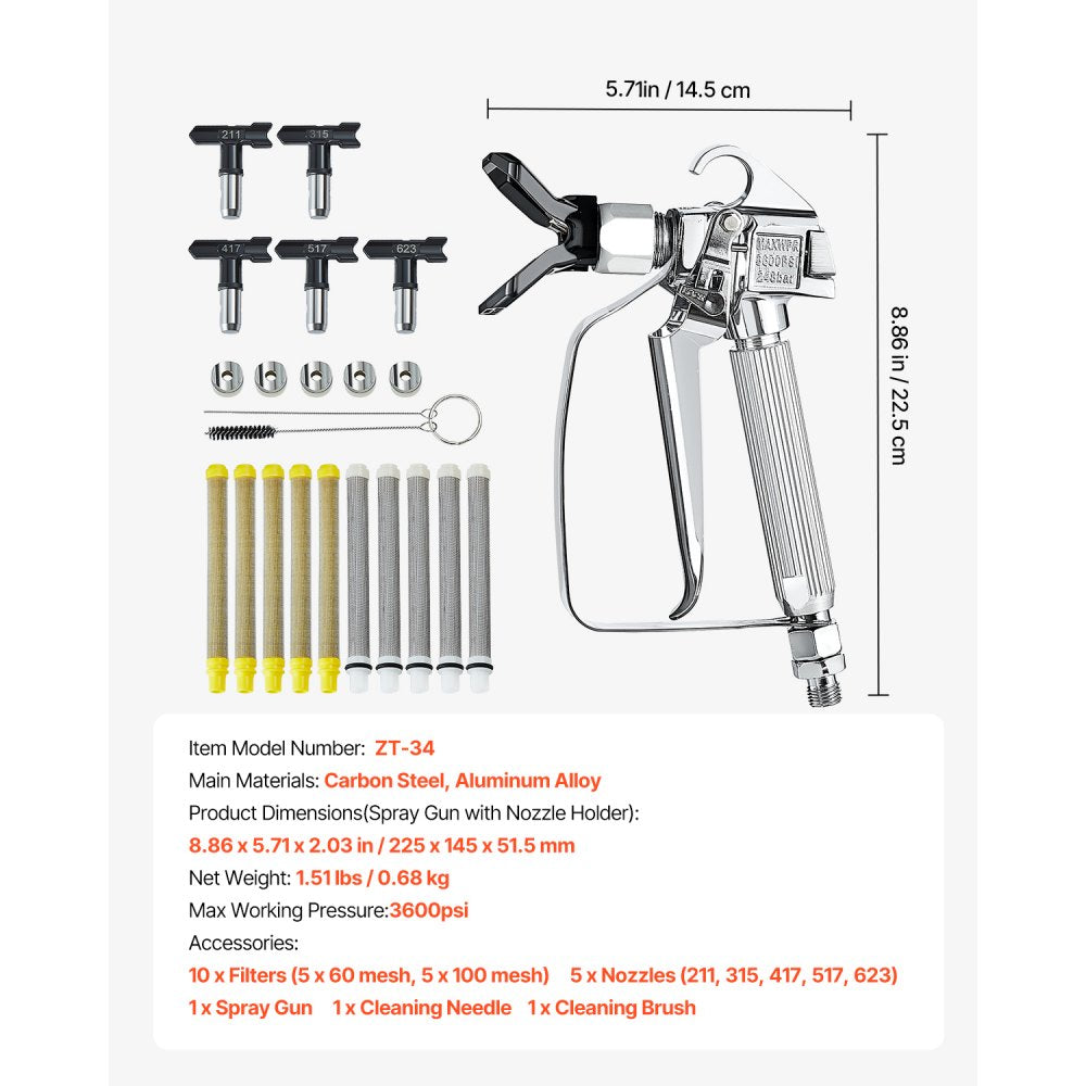 VEVOR Airless Paint Spray Gun, 3600PSI High Pressure Airless Paint Sprayer Gun with 5 Tips, 211, 315, 417, 517, 623, Swivel Joint Airless Spray Gun Kit with Filters, Cleaning Needle and Brush