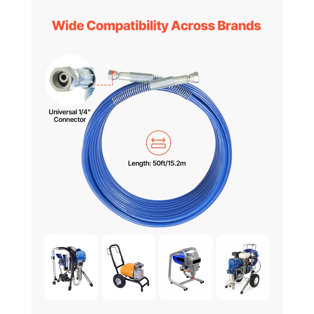 VEVOR 50ft Airless Paint Sprayer Hose, 1/4 in Universal Airless Paint Spray Hose, 4350 PSI High Pressure Flexible Airless Sprayer Hose, Multi-Layer Reinforced Steel Wire Braid Hose for Paint Sprayer