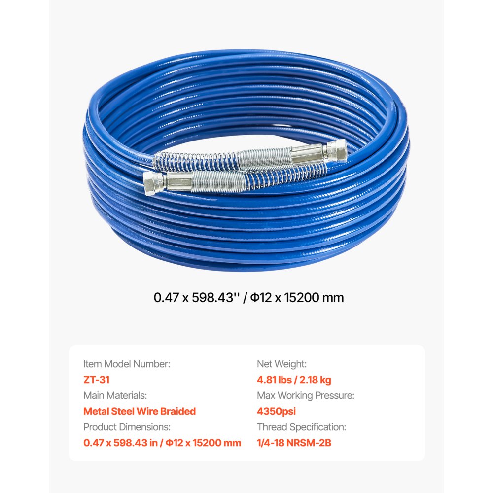 VEVOR 50ft Airless Paint Sprayer Hose, 1/4 in Universal Airless Paint Spray Hose, 4350 PSI High Pressure Flexible Airless Sprayer Hose, Multi-Layer Reinforced Steel Wire Braid Hose for Paint Sprayer