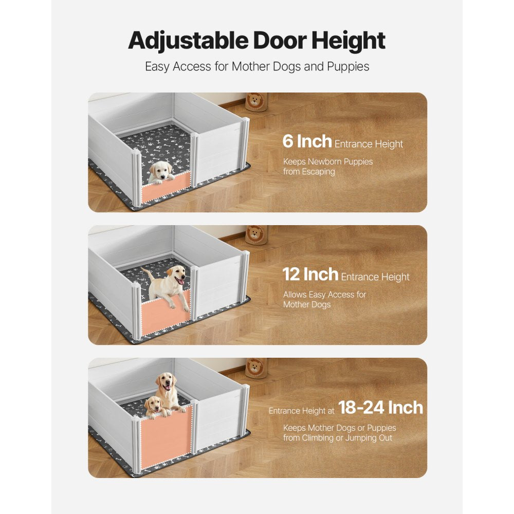 VEVOR Dogs Whelping Box, 60 x 60 x 24 inch, Plastic PVC Puppies Playpen with Height Adjustable Door and Washable Pee Pad, Anti-Deformation Indoor Puppy Play Pen for Extra Large Breed Dogs, Milk White