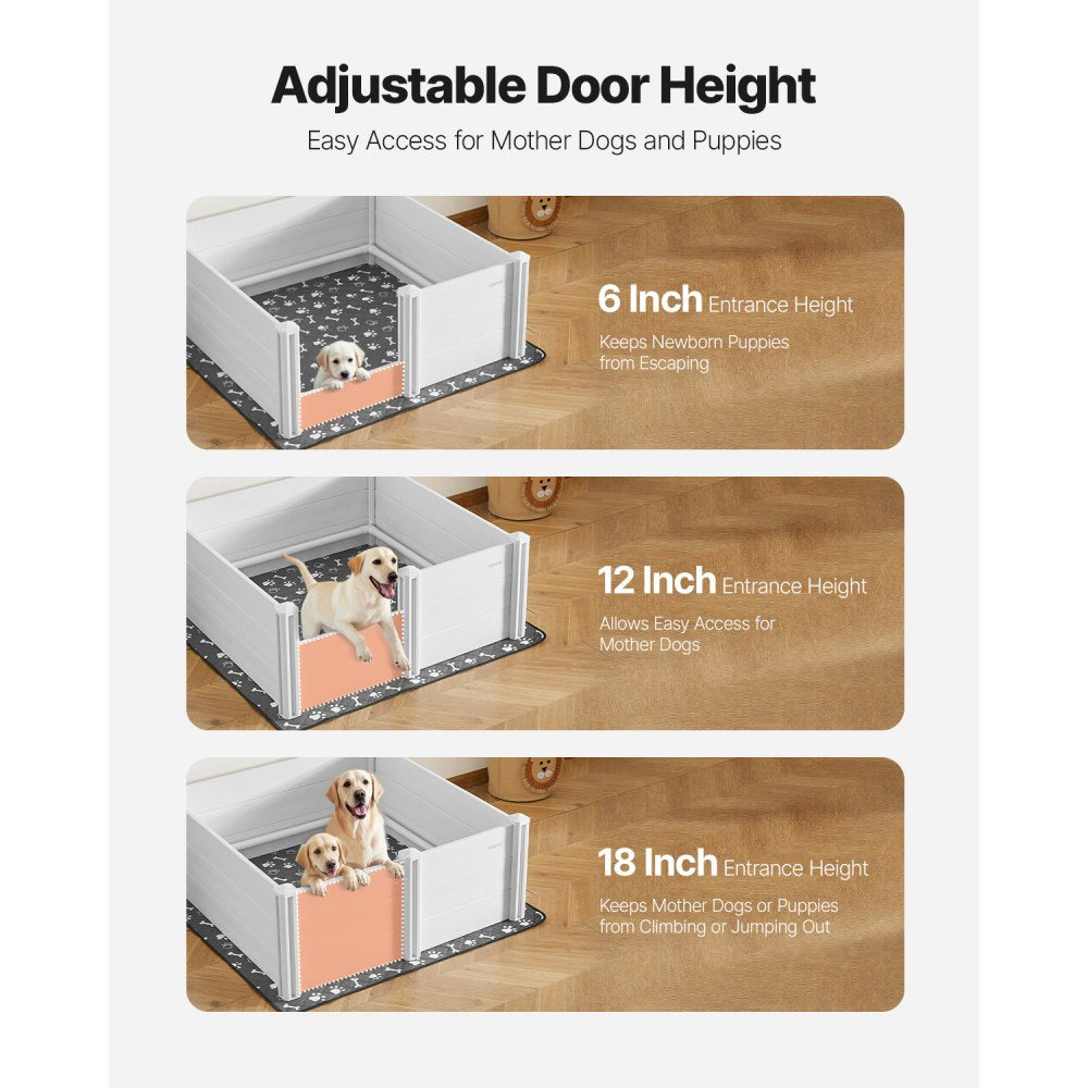 VEVOR Dogs Whelping Box, 48 x 48 x 18.1 inch, Plastic PVC Puppies Playpen with Height Adjustable Door and Washable Pee Pad, Anti-Deformation Indoor Puppy Play Pen for Large Breed Dogs, Milk White