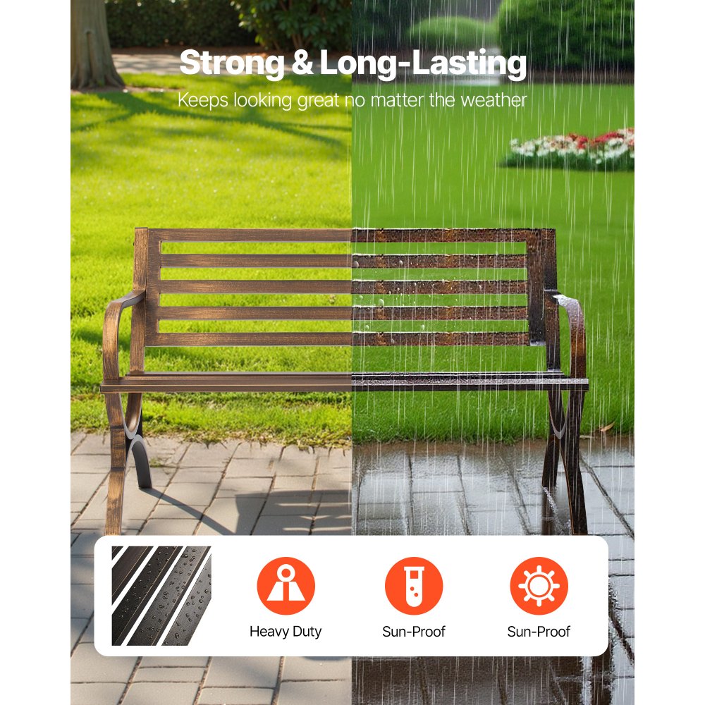 VEVOR Outdoor Bench, 50 inch, Carbon Steel Metal Frame with Slatted Pattern Backrest and Round Edge Armrests, Weatherproof Outside Bench for Patio, Garden, Park, Yard, Front Porch, Antique Bronze