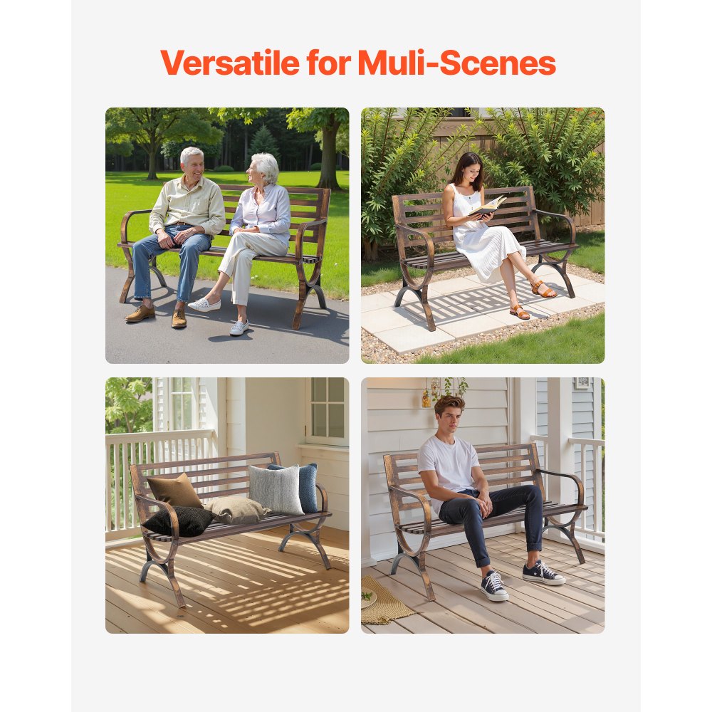 VEVOR Outdoor Bench, 50 inch, Carbon Steel Metal Frame with Slatted Pattern Backrest and Round Edge Armrests, Weatherproof Outside Bench for Patio, Garden, Park, Yard, Front Porch, Antique Bronze