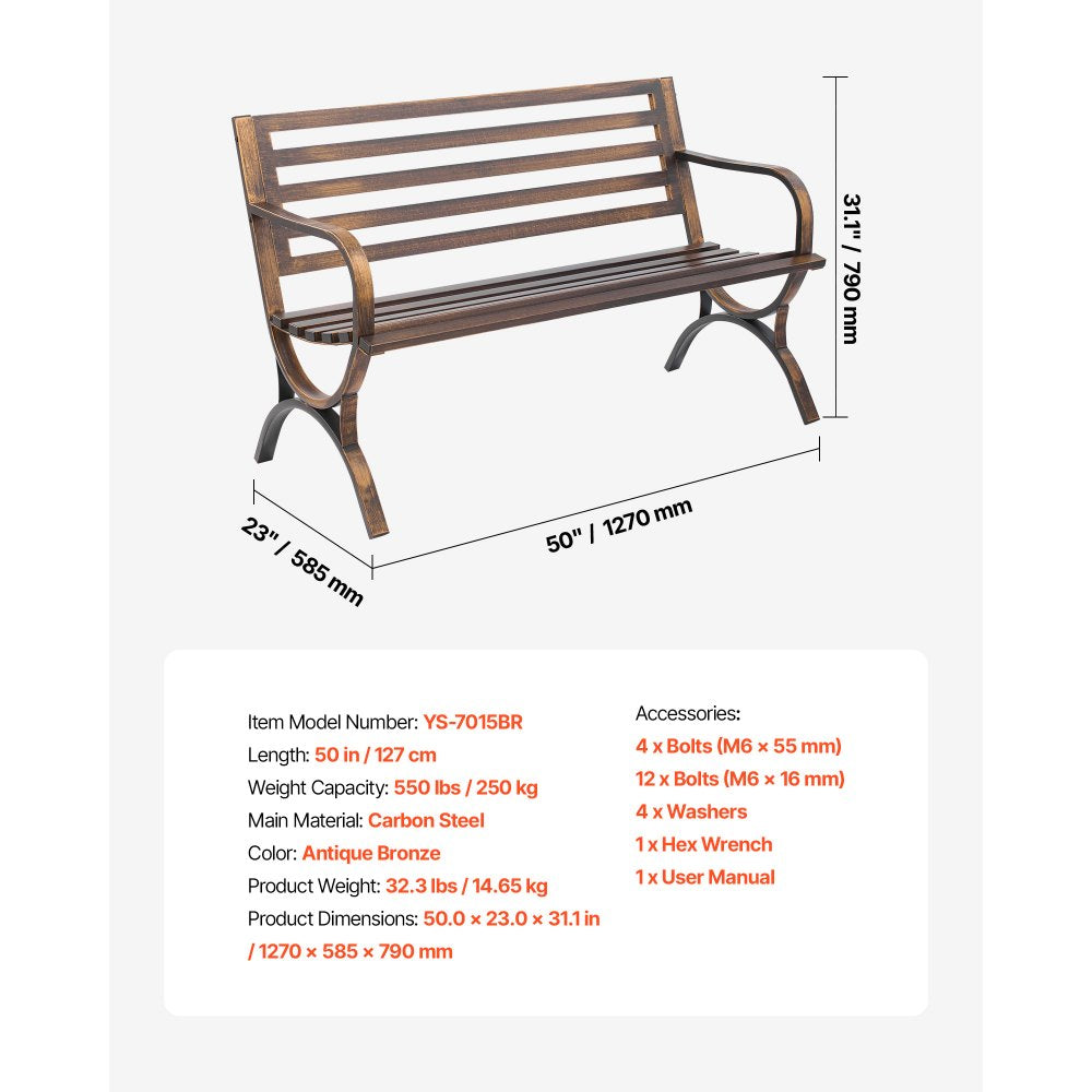 VEVOR Outdoor Bench, 50 inch, Carbon Steel Metal Frame with Slatted Pattern Backrest and Round Edge Armrests, Weatherproof Outside Bench for Patio, Garden, Park, Yard, Front Porch, Antique Bronze
