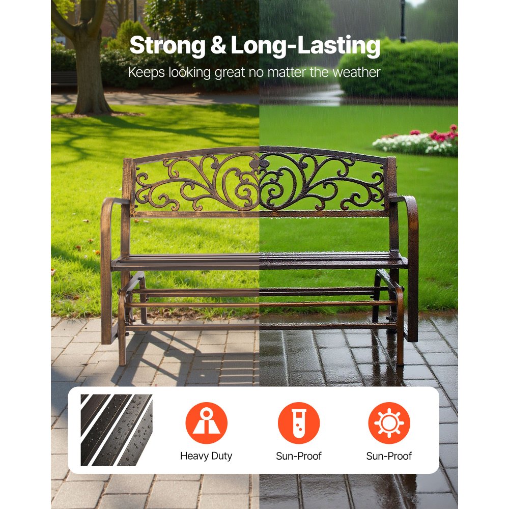 VEVOR Outdoor Bench, 50 inch, Carbon Steel Metal Frame with Cast Iron Backrest and Round Edge Armrests, Weatherproof Outside Glider Bench for Patio, Garden, Park, Yard, Front Porch, Antique Bronze