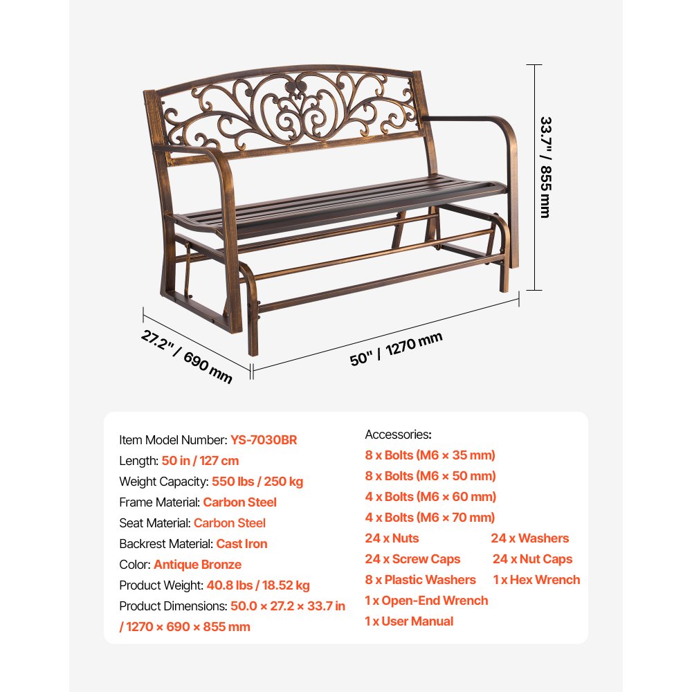 VEVOR Outdoor Bench, 50 inch, Carbon Steel Metal Frame with Cast Iron Backrest and Round Edge Armrests, Weatherproof Outside Glider Bench for Patio, Garden, Park, Yard, Front Porch, Antique Bronze