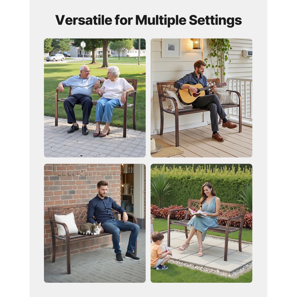 VEVOR Outdoor Bench, 46 inch, Carbon Steel Metal Frame with PVC Mesh Pattern Backrest and Round Edge Armrests, Weatherproof Outside Bench for Patio, Garden, Park, Yard, Front Porch, Antique Bronze