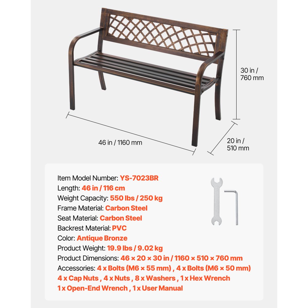 VEVOR Outdoor Bench, 46 inch, Carbon Steel Metal Frame with PVC Mesh Pattern Backrest and Round Edge Armrests, Weatherproof Outside Bench for Patio, Garden, Park, Yard, Front Porch, Antique Bronze