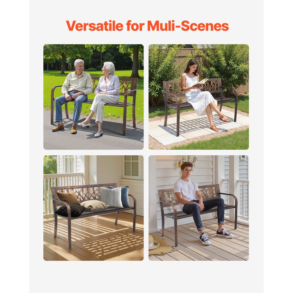 VEVOR Outdoor Bench, 50 inch, Carbon Steel Metal Frame with PVC Floral Pattern Backrest and Round Edge Armrests, Weatherproof Outside Bench for Patio, Garden, Park, Yard, Front Porch, Antique Bronze