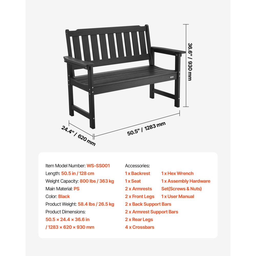 VEVOR Outdoor Bench, 50.5 inch, 800 lbs Weight Capacity for 2-3 Persons, Weatherproof Plastic Frame with Backrest and Wide Armrests, Outside Bench for Patio, Garden, Park, Yard, Front Porch, Black
