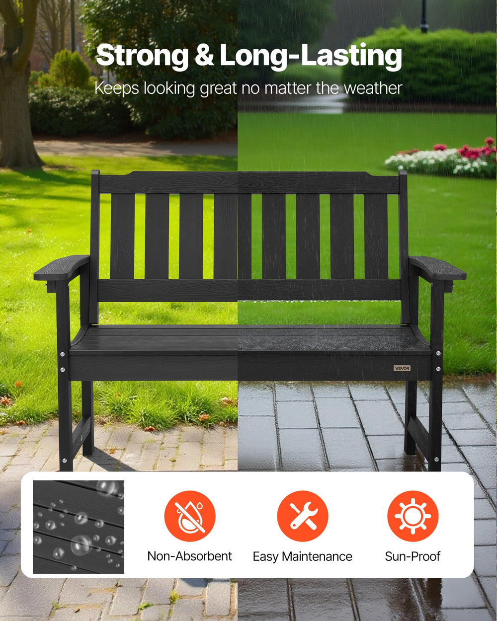VEVOR Outdoor Bench, 50.5 inch, 800 lbs Weight Capacity for 2-3 Persons, Weatherproof Plastic Frame with Backrest and Wide Armrests, Outside Bench for Patio, Garden, Park, Yard, Front Porch, Black