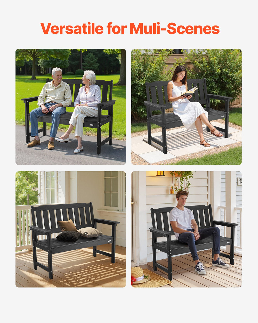 VEVOR Outdoor Bench, 50.5 inch, 800 lbs Weight Capacity for 2-3 Persons, Weatherproof Plastic Frame with Backrest and Wide Armrests, Outside Bench for Patio, Garden, Park, Yard, Front Porch, Black