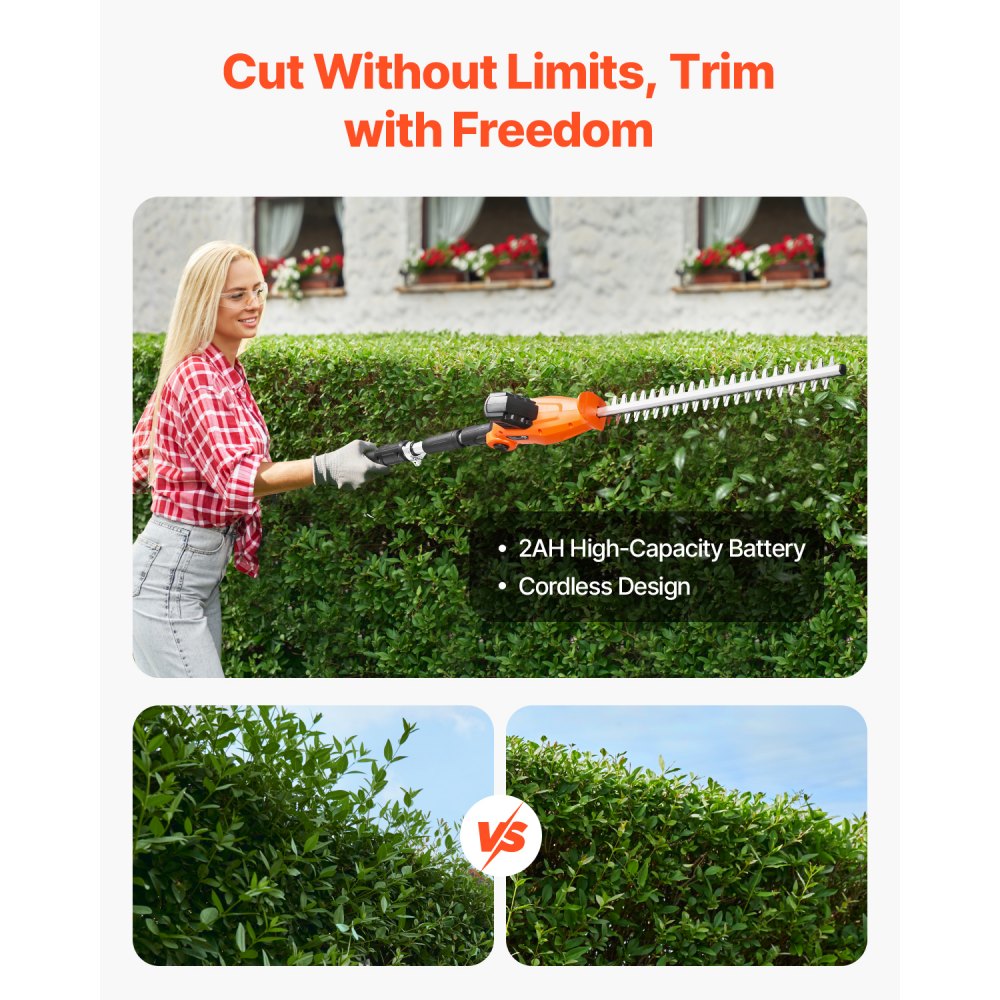 VEVOR Electric Hedge Trimmer, 1200 RPM, 6.2 - 7.8 Ft Extendable, Pole Hedge Trimmer for High Branch, 20V Battery, Cordless Hedge Trimmer with 20 in Blade, 5 Angles Adjustable for Yard Garden