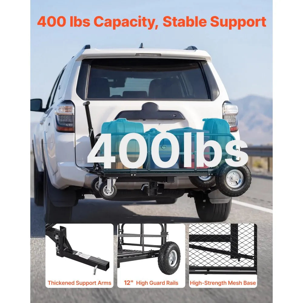 VEVOR Hitch Mount Cargo Carrier on Wheels, 36.2" x 21.3" x 11.8", 2-in-1 Folding Rear Luggage Rack Basket & Cargo Cart with Hitch Stabilizer, Fits 2" Receiver for SUV Pickups, 400LBS Load Capacity
