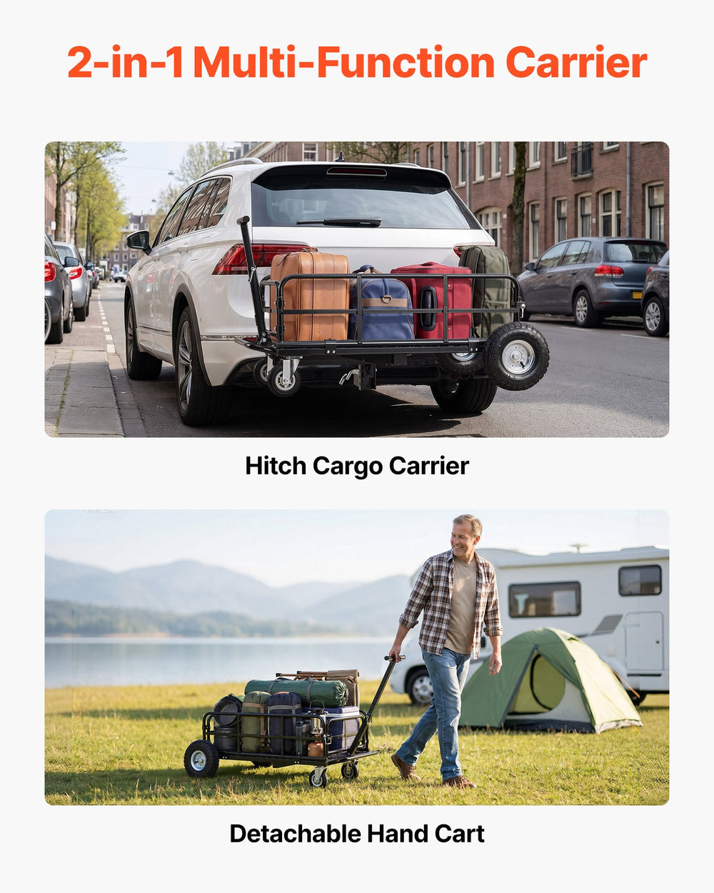 VEVOR Hitch Mount Cargo Carrier on Wheels, 36.2" x 21.3" x 11.8", 2-in-1 Folding Rear Luggage Rack Basket & Cargo Cart with Hitch Stabilizer, Fits 2" Receiver for SUV Pickups, 400LBS Load Capacity