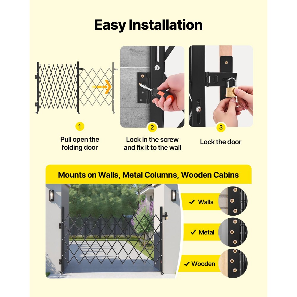 VEVOR Single Folding Security Gate, Lockable Scissor Gate with 360° Swivel Casters, Outdoor Barricade Steel Retractable Gates, for Entry Security, Garage, Warehouse & Pool, 74.80 x 51.57 in (W x H)