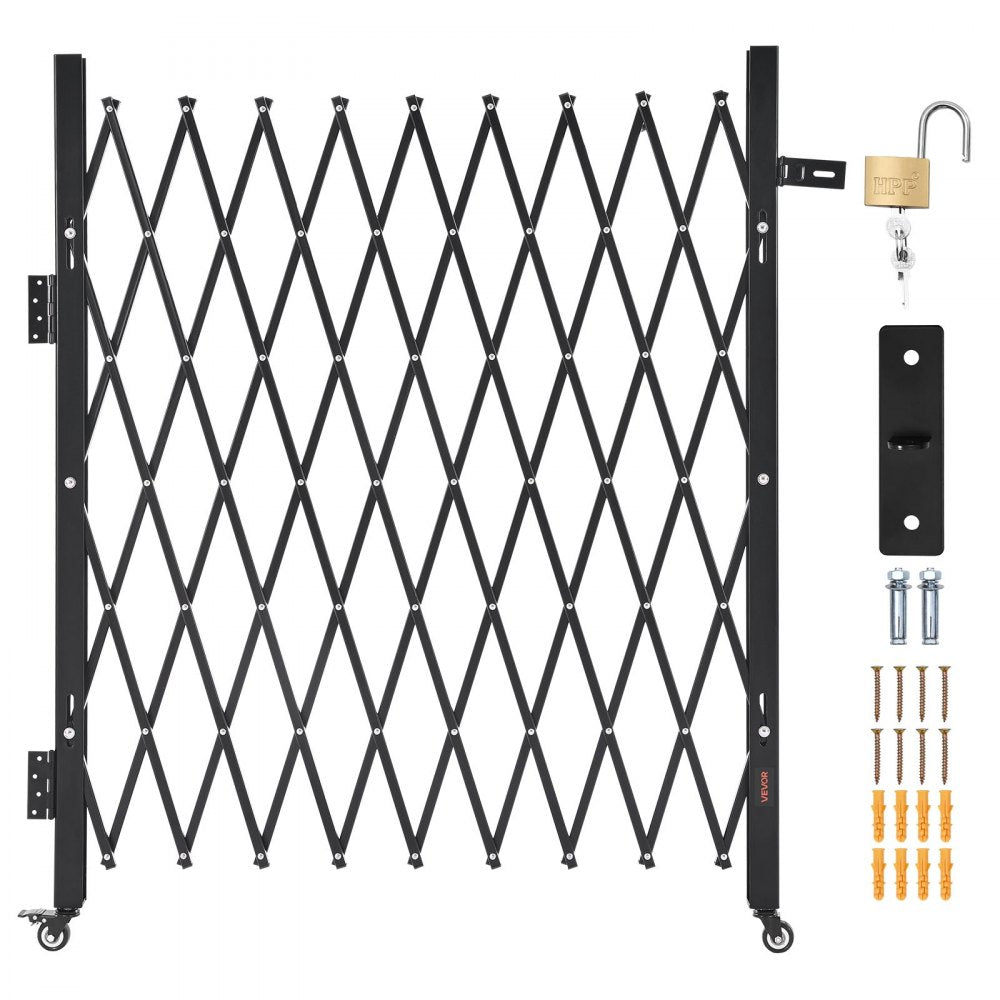 VEVOR Single Folding Security Gate, Lockable Scissor Gate with 360° Swivel Casters, Outdoor Barricade Steel Retractable Gates, for Entry Security, Garage, Warehouse & Pool, 74.80 x 51.57 in (W x H)