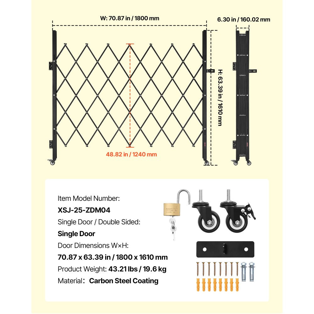 VEVOR Single Folding Security Gate, Lockable Scissor Gate with 360° Swivel Casters, Outdoor Barricade Steel Retractable Gates, for Entry Security, Garage, Warehouse & Pool, 70.87 x 63.39 in (W x H)