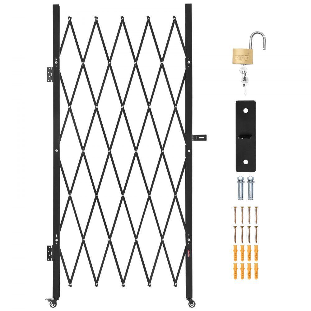 VEVOR Single Folding Security Gate, Lockable Scissor Gate with 360° Swivel Casters, Outdoor Barricade Steel Retractable Gates, for Entry Security, Garage, Warehouse & Pool, 49.61 x 77.76 in (W x H)