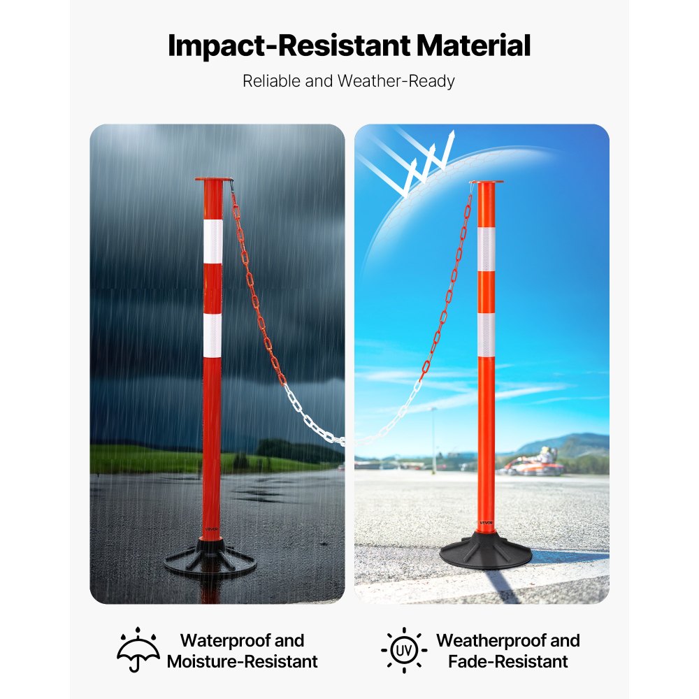 VEVOR 3 Pack Traffic Delineator Posts, 34 in Traffic Safety Cones with Weighted Base, Reflective Strips and Chain, Heavy Duty Delineator Posts for Construction Site, Parking Lot, Crowd Control, Red