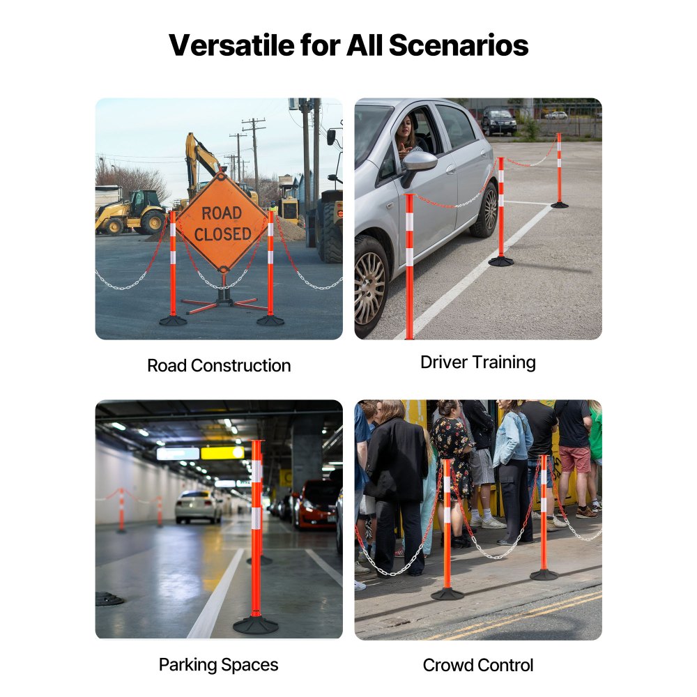 VEVOR 3 Pack Traffic Delineator Posts, 34 in Traffic Safety Cones with Weighted Base, Reflective Strips and Chain, Heavy Duty Delineator Posts for Construction Site, Parking Lot, Crowd Control, Red
