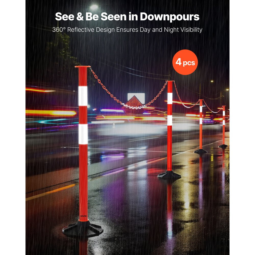 VEVOR 4 Pack Traffic Delineator Posts, 34 in Traffic Safety Cones with Weighted Base, Reflective Strips and Chain, Heavy Duty Delineator Posts for Construction Site, Parking Lot, Crowd Control, Red