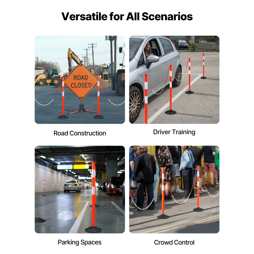VEVOR 4 Pack Traffic Delineator Posts, 34 in Traffic Safety Cones with Weighted Base, Reflective Strips and Chain, Heavy Duty Delineator Posts for Construction Site, Parking Lot, Crowd Control, Red
