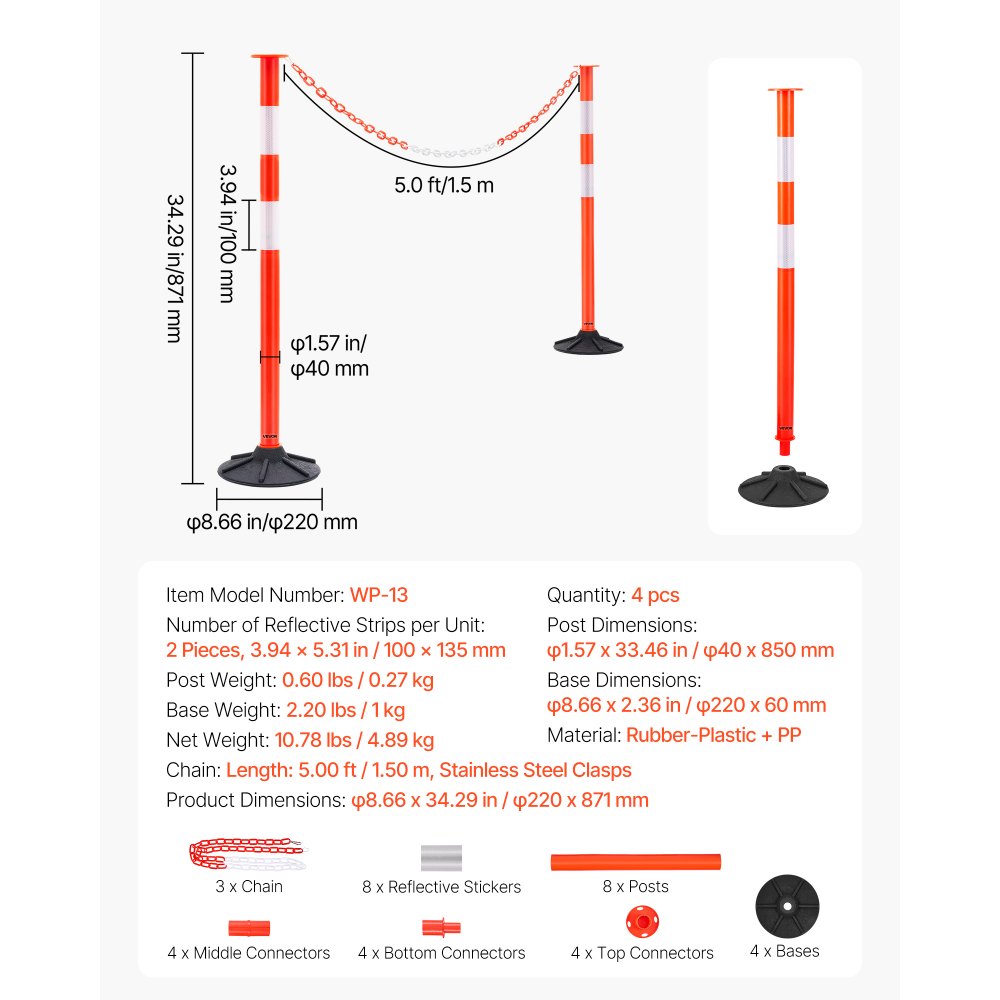 VEVOR 4 Pack Traffic Delineator Posts, 34 in Traffic Safety Cones with Weighted Base, Reflective Strips and Chain, Heavy Duty Delineator Posts for Construction Site, Parking Lot, Crowd Control, Red
