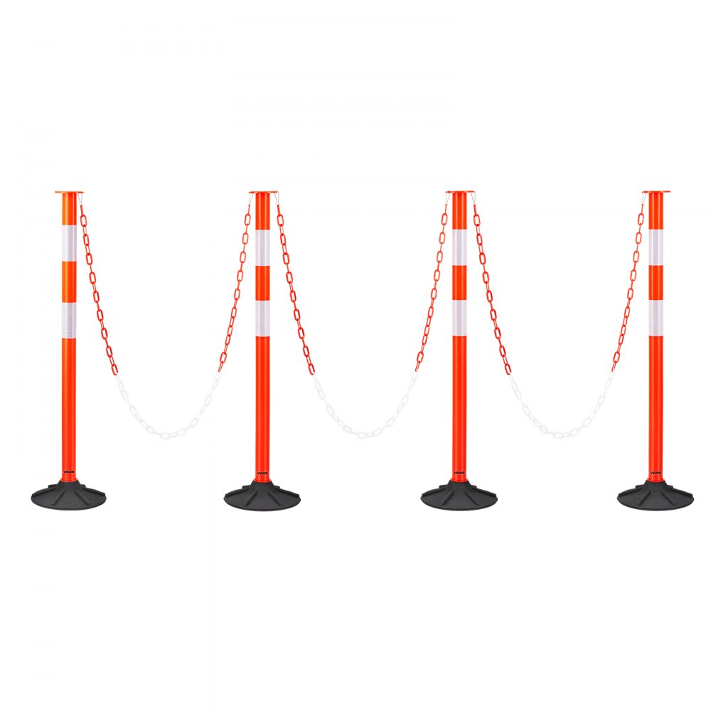 VEVOR 4 Pack Traffic Delineator Posts, 34 in Traffic Safety Cones with Weighted Base, Reflective Strips and Chain, Heavy Duty Delineator Posts for Construction Site, Parking Lot, Crowd Control, Red
