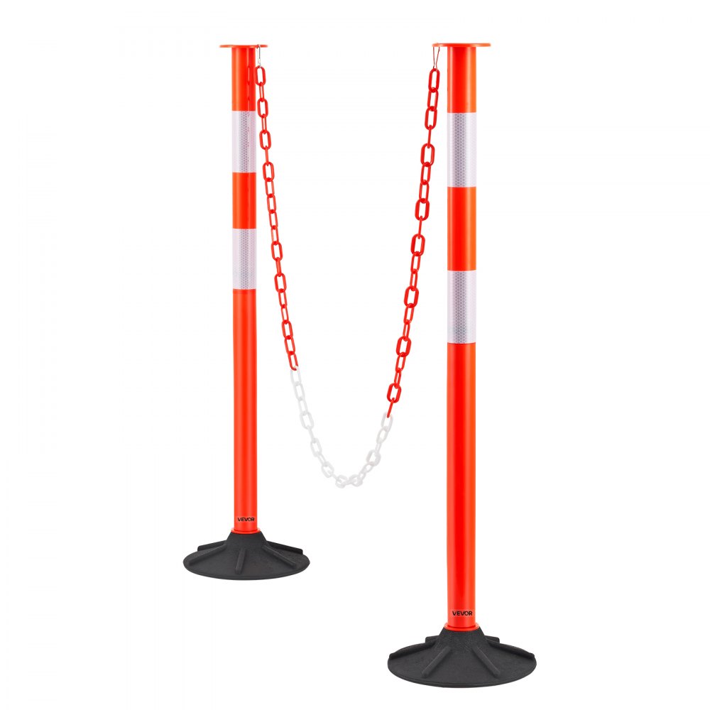 VEVOR 4 Pack Traffic Delineator Posts, 34 in Traffic Safety Cones with Weighted Base, Reflective Strips and Chain, Heavy Duty Delineator Posts for Construction Site, Parking Lot, Crowd Control, Red